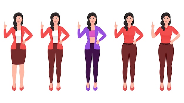 Girl pointing with index finger and other hand on waist flat character vector illustration