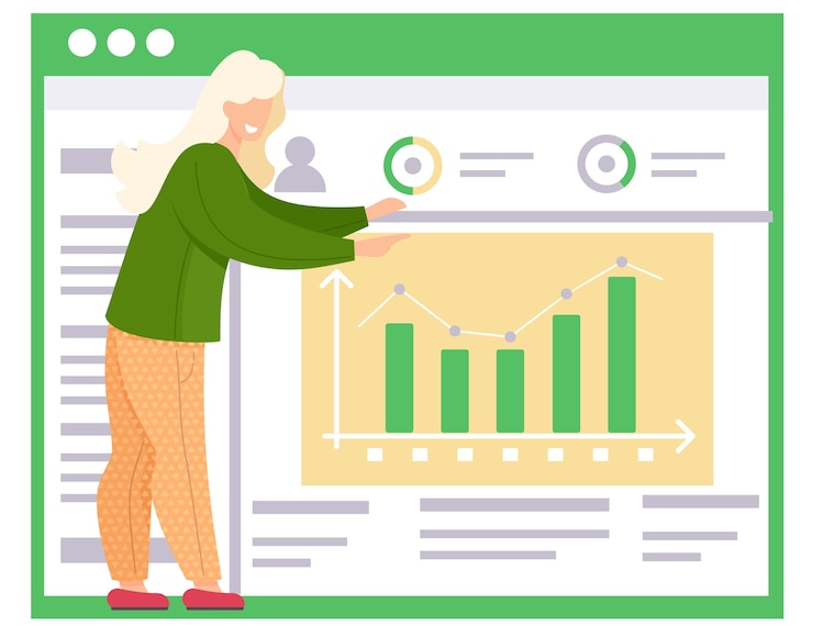 Vector the girl points to the bar graph on the poster on the background. office work management. data analysis concept. statistical chart with indicators. billboard with text and picture of columns