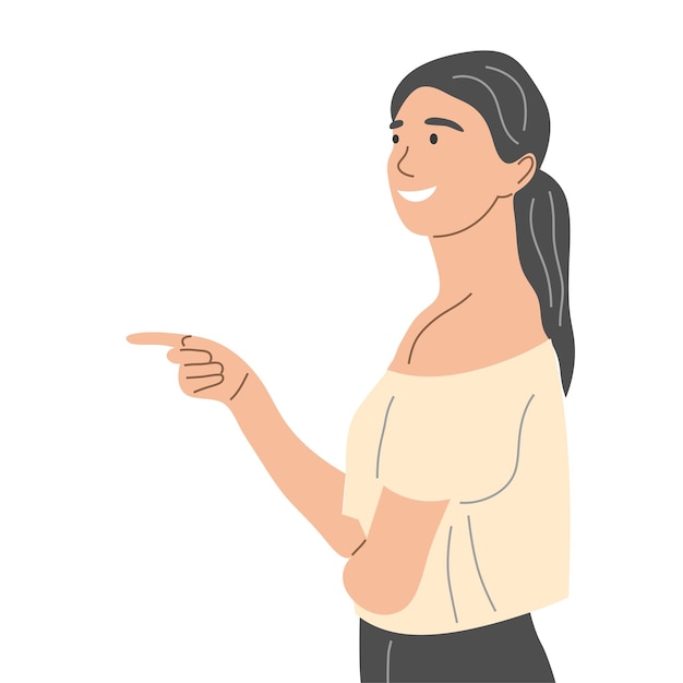 The girl points to the side Flat vector illustration