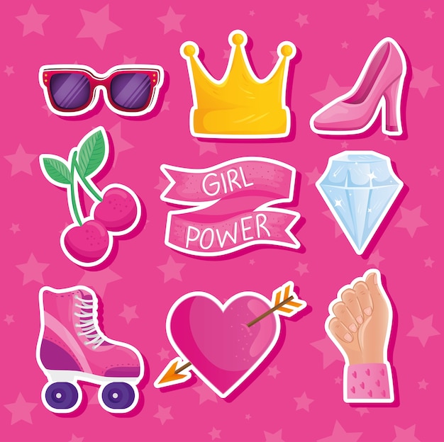 Vector girl power belettering in lint frame en iconen ontwerp