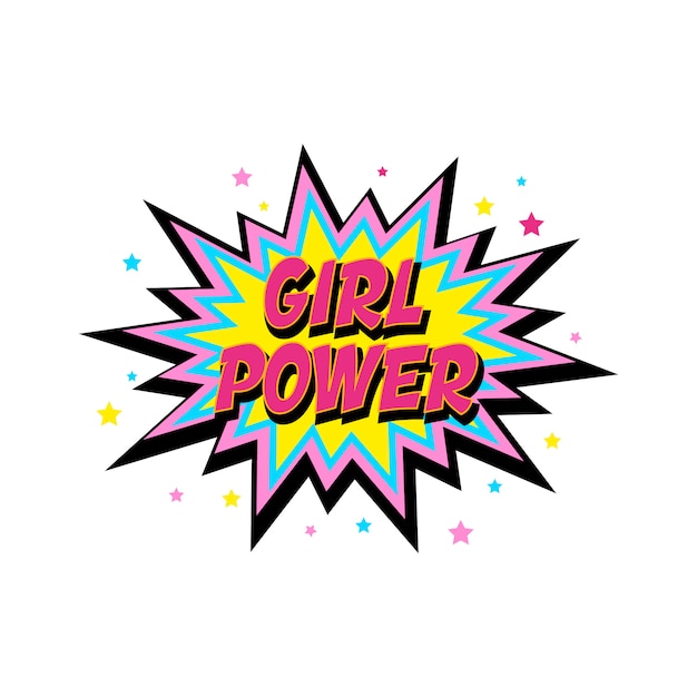 girl power, boem ster. Komische tekstballon met emotionele tekst Girl Power en sterren.