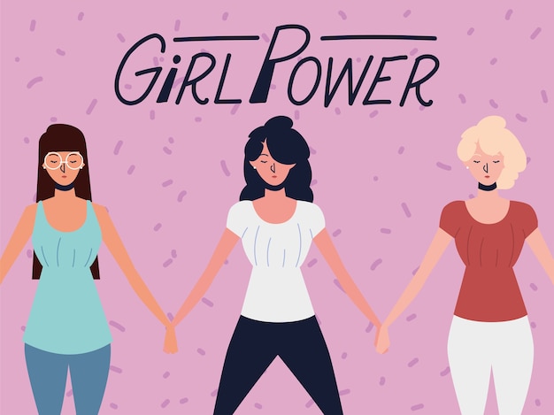 Vettore girl power, gruppo di donne forti personaggi in posa