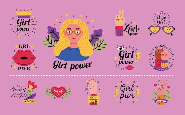 Vector girl power icon collection design of woman empowerment female feminism and rights theme  illustration