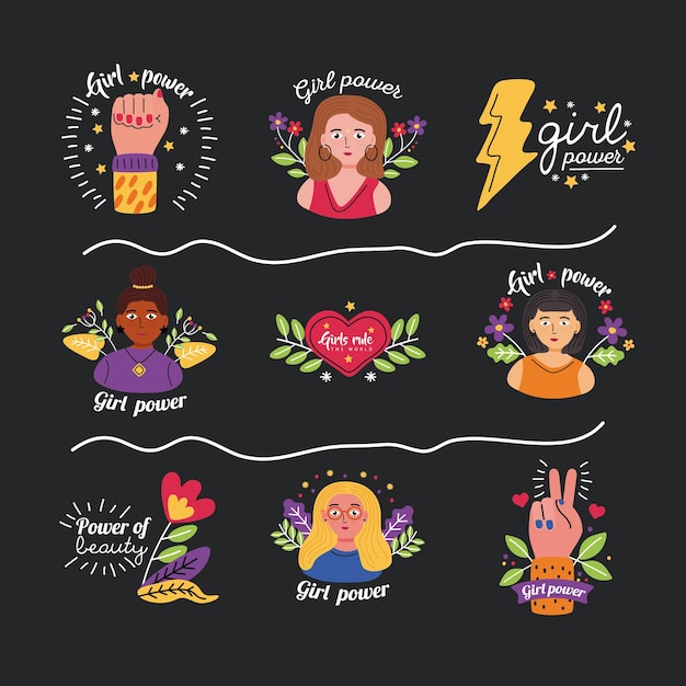 Girl power icon set design of woman empowerment femminile femminismo e diritti tema illustrazione