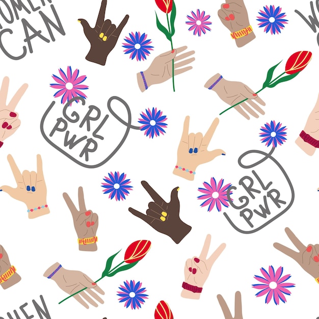 Girl power inscriptie naadloos patroon vrouwelijke handen vredesteken rotsbord bloemen minimalisme