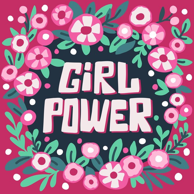 Poster con lettere di girl power con un fiore