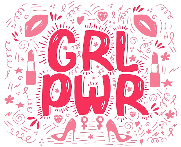 Vector girl power lettering with pink ribbons lips lipstick stilettos flowers hearts wavy lines symbolic