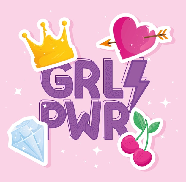 Girl power scritte con set di icone di stile pop art design