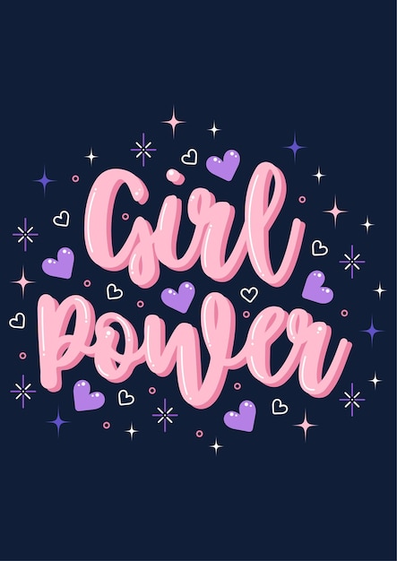 Girl power roze belettering clipart op donkere achtergrond met hartjes en sterren