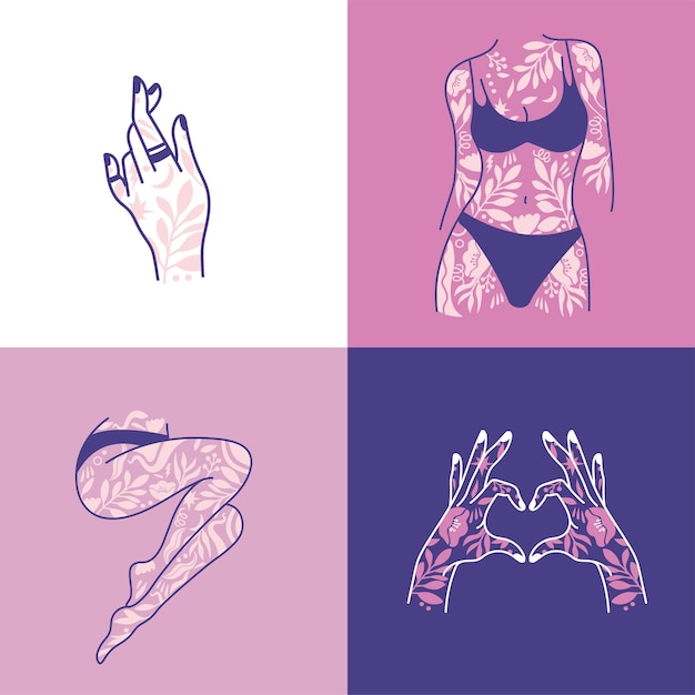 Vector girl power set icons fashion symbol with female tattooed hands
