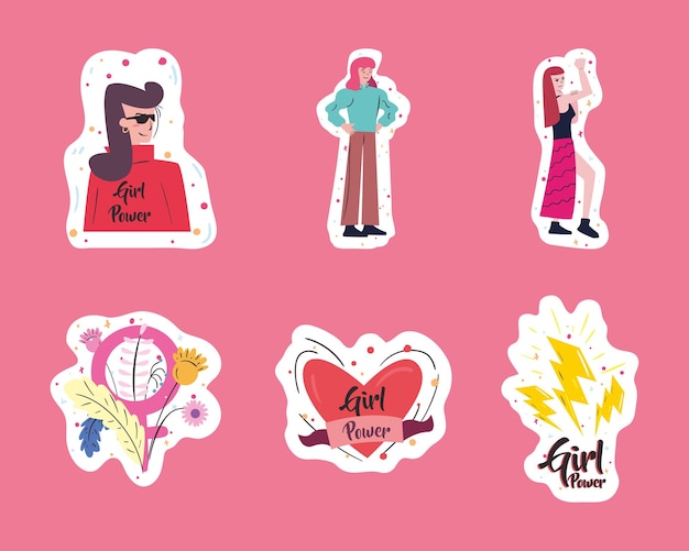 Vettore girl power stickers collection design of woman empowerment femminile femminismo e diritti tema illustrazione