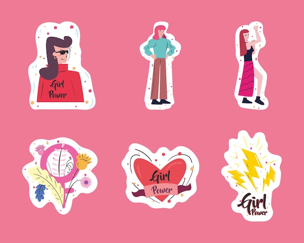 Girl power stickers collection design of woman empowerment femminile femminismo e diritti tema illustrazione