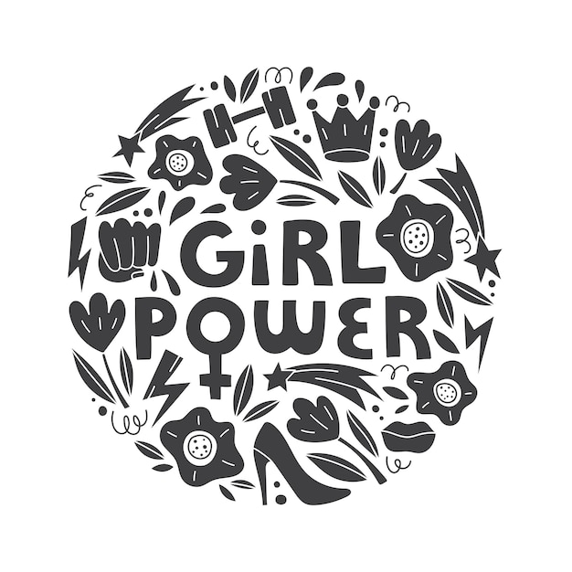 Vector girl power vector hand drawn lettering with female symbols in doodle style feminism concept