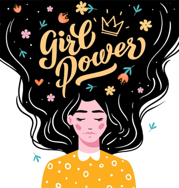 Girl Power. Vector lettering. Girl with long hair with text. Hand drawn long hair beautiful girl. Modern vector illustration. Template for cards, greetings, flyer, banner.