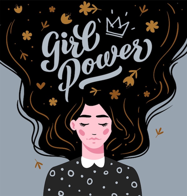 Girl power. vector lettering. girl with long hair with text. hand drawn long hair beautiful girl. modern vector illustration. template for cards, greetings, flyer, banner.