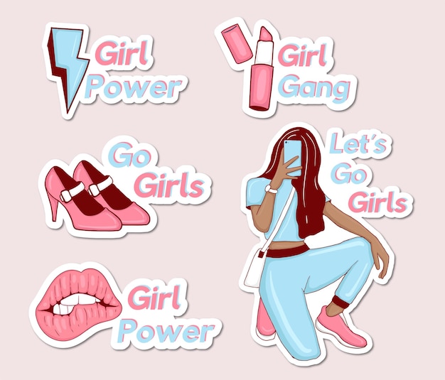 Коллекция наклеек girl powers с изображением девушки и некоторыми элементами