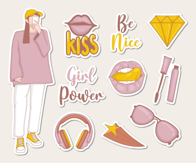 Vector girl powers stickers collection with girl illustration and some elements