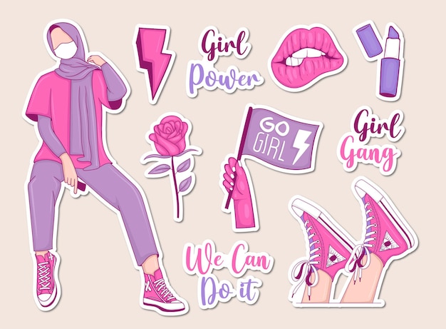 Premium Vector  Modern travel stickers set with muslim girl and some  elements