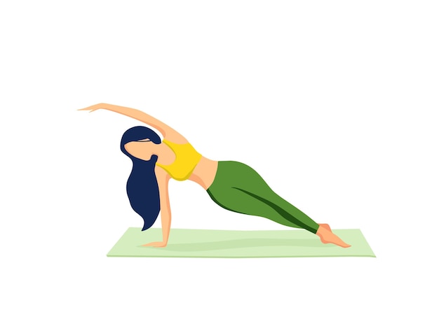A girl practices yoga exercises on a mat at home Vector illustration