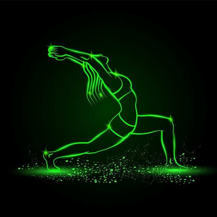 Vector girl practices yoga in warrior one pose vector green neon virabhadrasana illustration