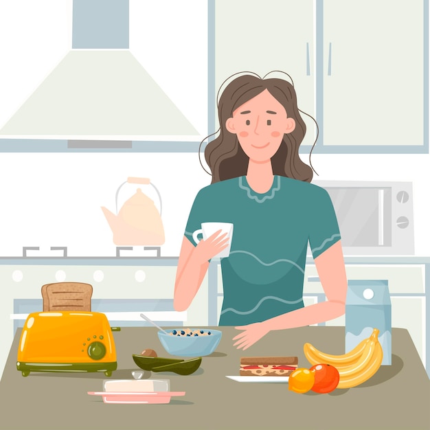 the girl prepares breakfast in the morning in the kitchen. kitchen interior, dishes, appliances. fruit, porridge, milk, a cup of coffee.