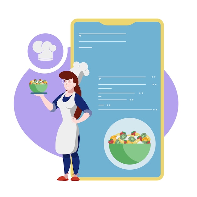 Vector girl preparing a salad through a mobile application