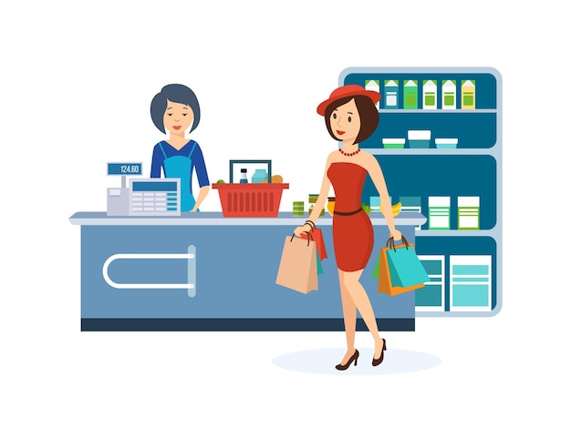 Girl produce shopping the store holding the bag with goods