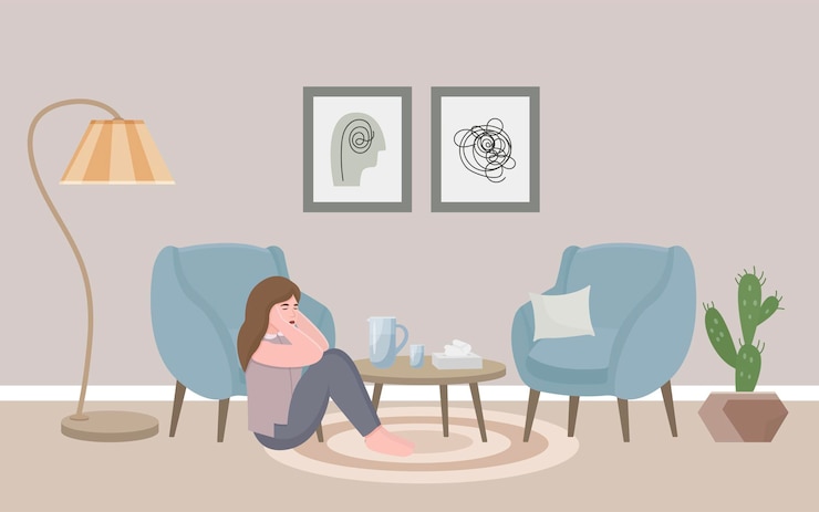 Vector a girl in a psychologists office sits on the floor and holds her head with her hands