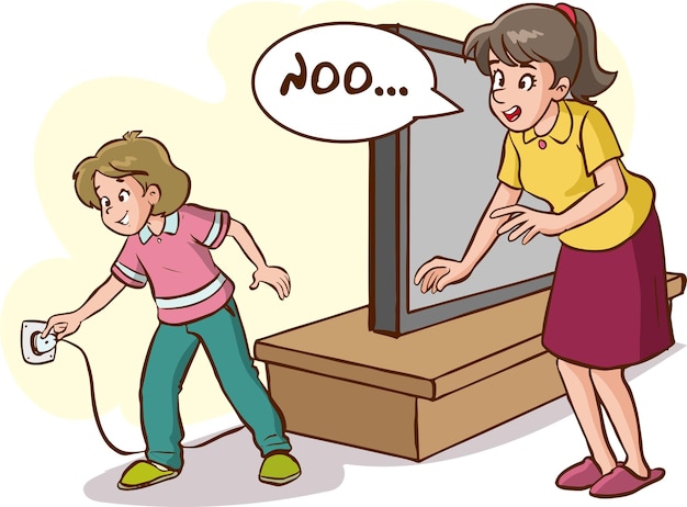 ベクトル 女の子はテレビの漫画のベクトルのプラグを抜きます