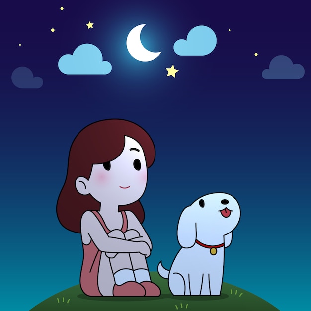 Girl and puppy sit and look up to the moon in night sky cartoon background.