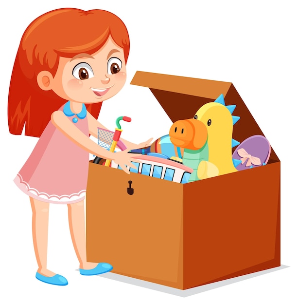 A girl putting her toy into the box