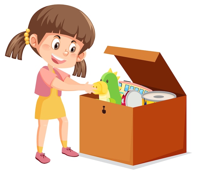 A girl putting her toy into the box