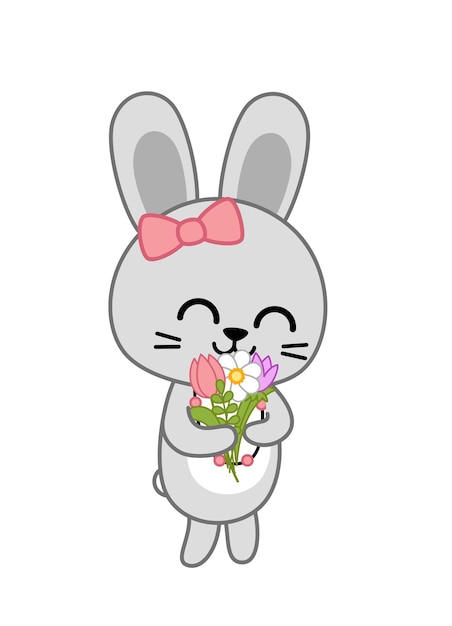 La coniglietta tiene in mano un bouquet di fiori primaverili la coniglietta carina illustrazione vettoriale eps 10
