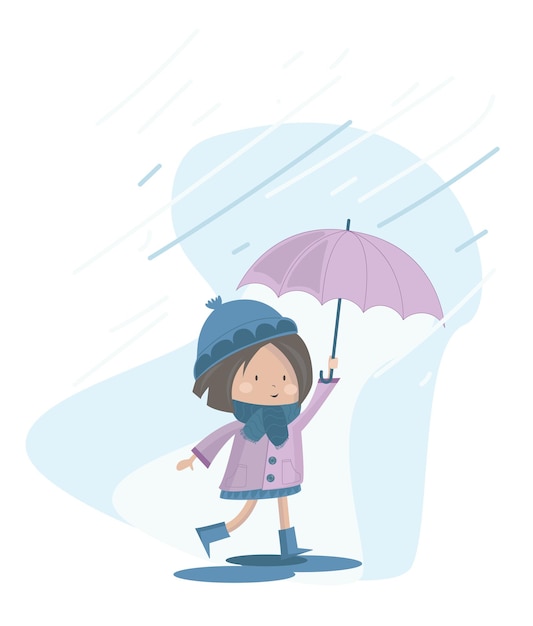 Girl in the rain with a scarf hat and an umbrella