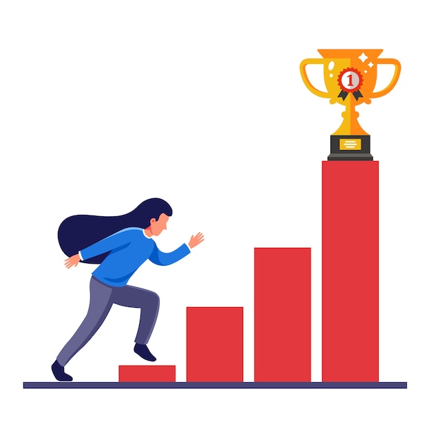 the girl reaches her goal and runs for the award on the ladder of opportunities. Flat character illustration.