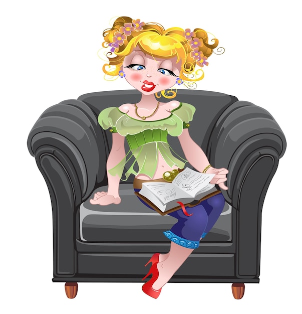 Vector girl read book on the black armchair