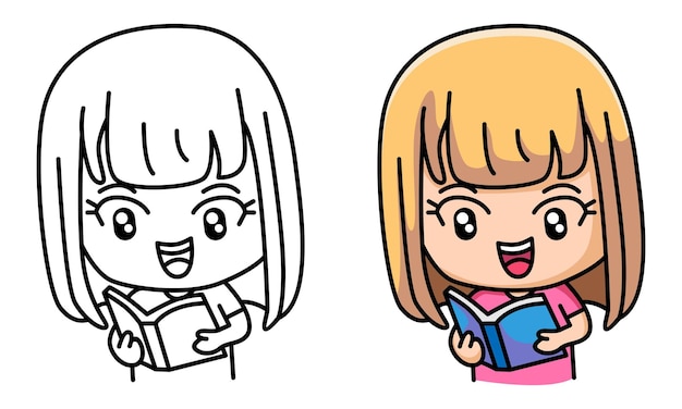 女の子は子供のための本の着色ページを読む