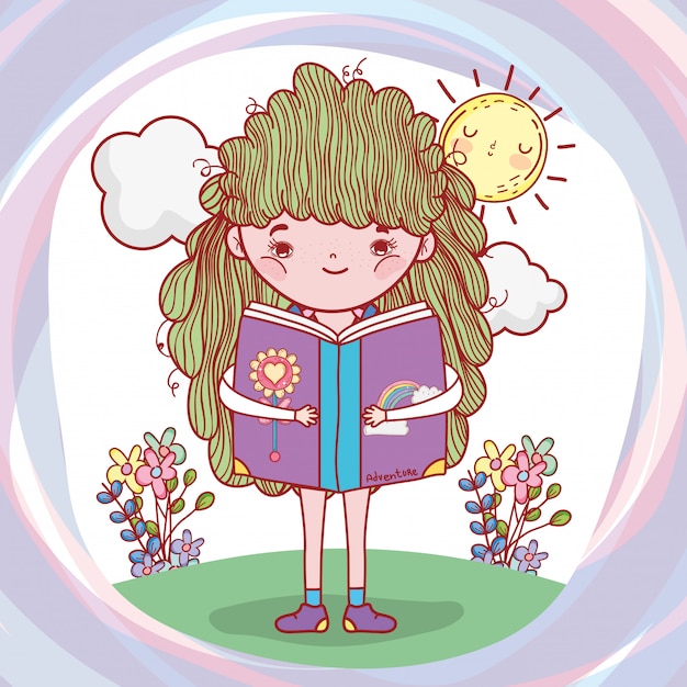 Girl read book with sun and flowers