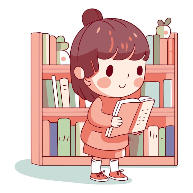 벡터 만화 캐릭터의 도서관에서 책을 읽는 소녀