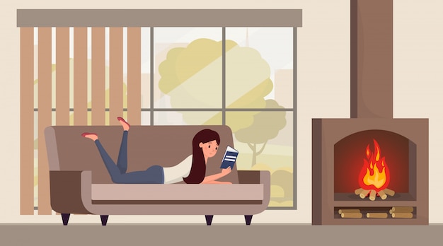 家のイラストで本を読んでいる女の子。 hyggeライフスタイルコンセプト