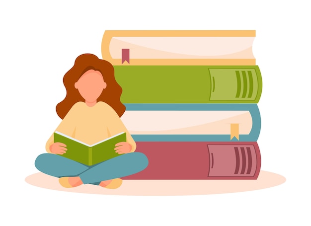 Vettore libro di lettura della ragazza sullo sfondo della pila di libri concetto di apprendimento della conoscenza dell'istruzione hobby