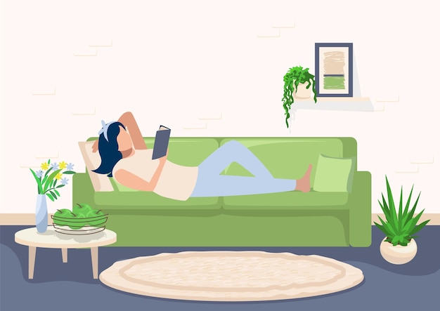 Vector girl reading a book on the couch