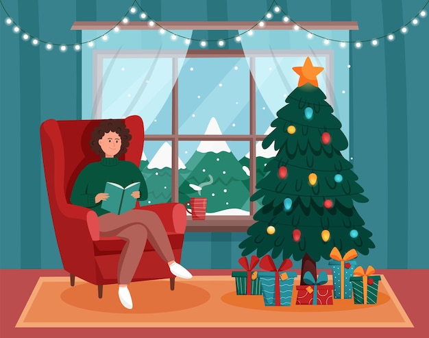 Girl reading book in cozy armchair in christmas room interior