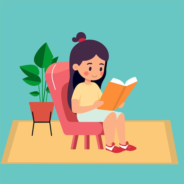 girl reading a book flat vector illustration