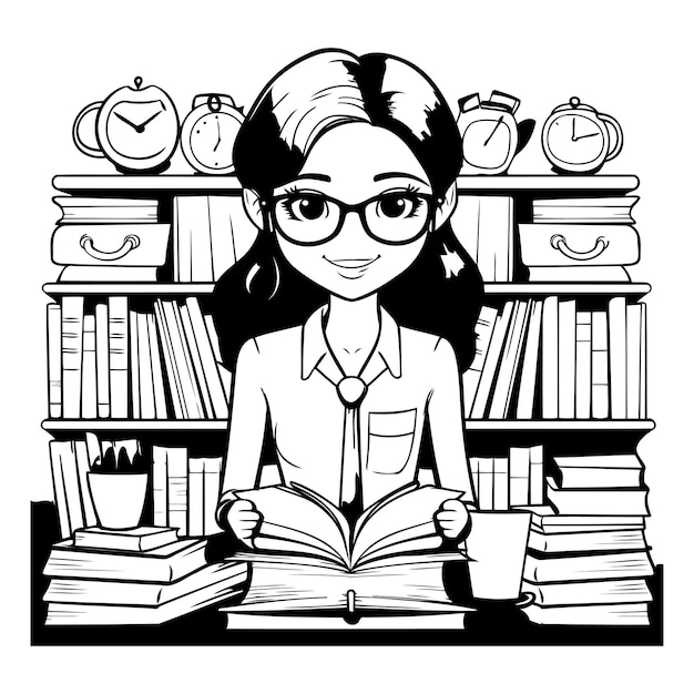 girl reading a book in library black and white vector illustration graphic design