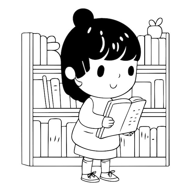 漫画キャラクターの図書館で本を読んでいる女の子