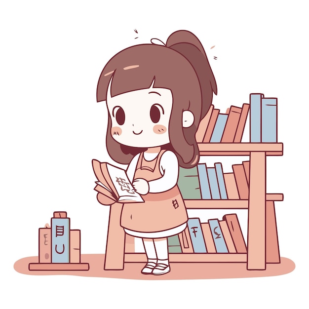 Девушка читает книгу в библиотеке в стиле мультфильма