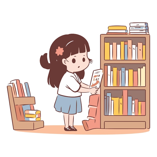 도서관에서 책을 읽는 소녀 귀여운 만화 터 일러스트레이션