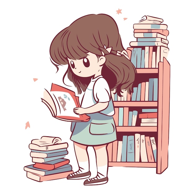 Девушка читает книгу в библиотеке милой школьницы