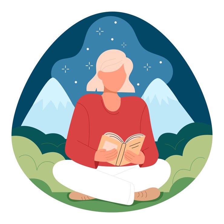 Vector a girl reading a book on a mountain landscape background education knowledge library concept